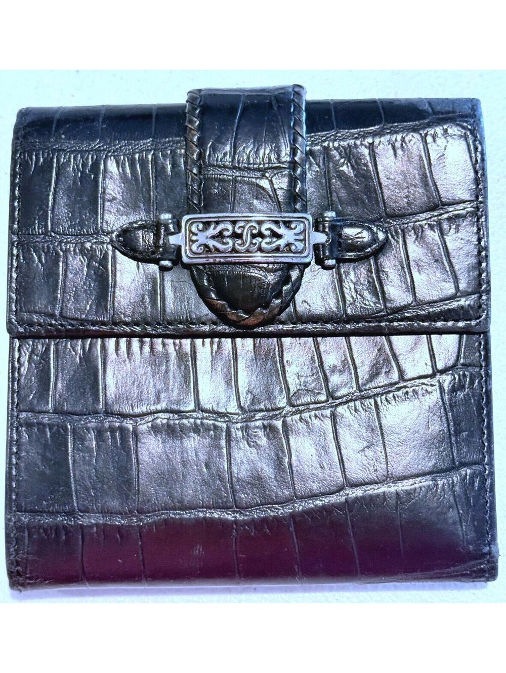 Brighton Black Crocodile Embossed Leather Wallet Silver Trim